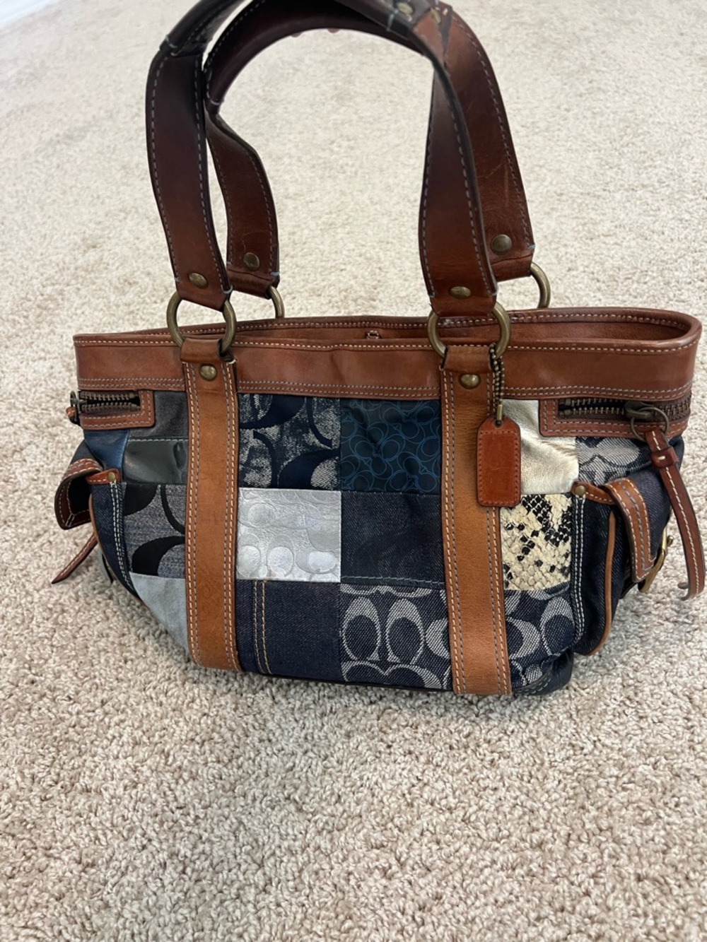 Coach Patchwork Signature Shoulder Bag in Brown and Blue